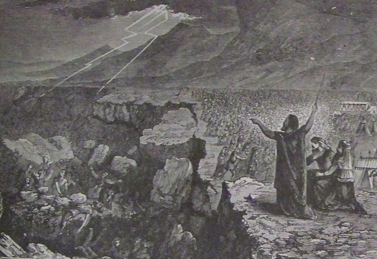 Illustration of Moses raising his arms as the earth opens up.